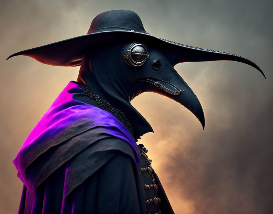 Plague Doctor Costume with Beaked Mask and Purple Cloak