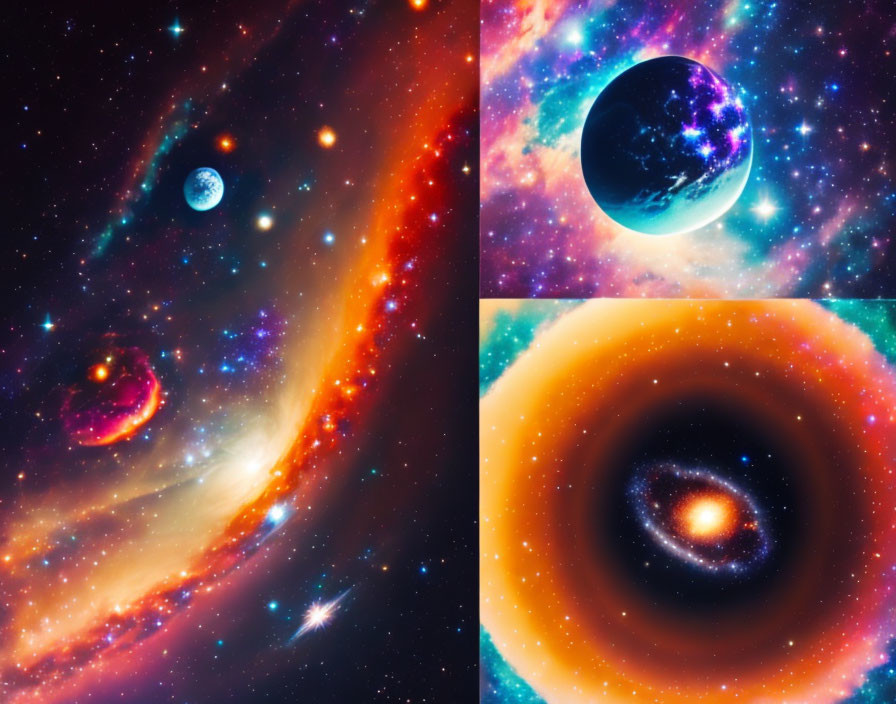 Colorful Cosmic Collage Featuring Galaxy, Nebulae, Planets, and Black Hole
