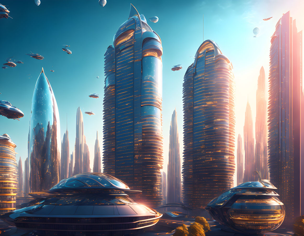 Futuristic cityscape with skyscrapers and flying vehicles in clear blue sky