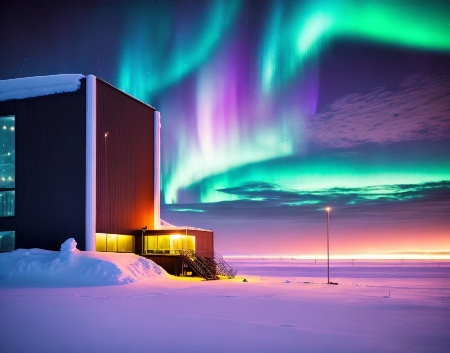 Northern Lights illuminate modern building in snowy landscape