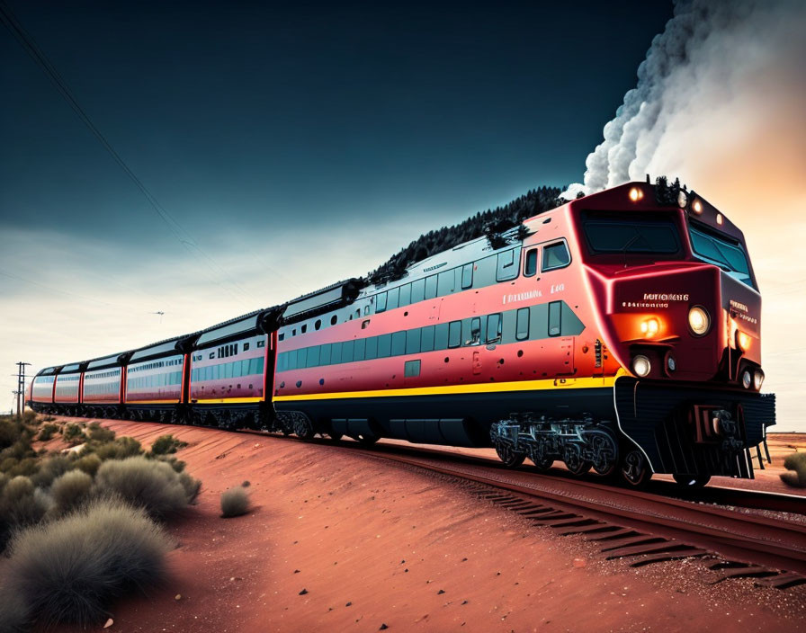 Red and Silver Train Travels Through Desert Landscape at Dusk