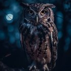 Illustrated owl with glowing blue eyes on branch in mystical blue light