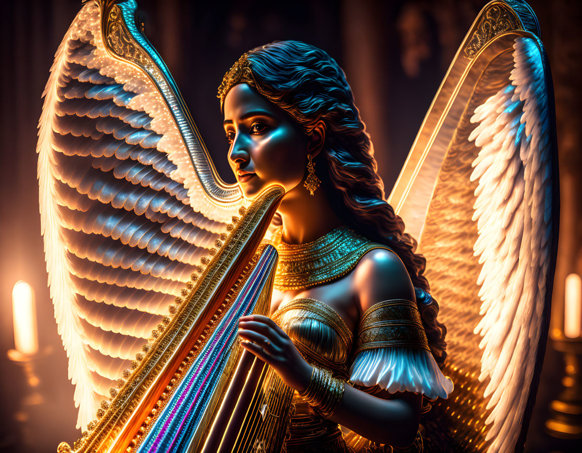 Angel playing harp with glowing candles, detailed wings & elegant attire
