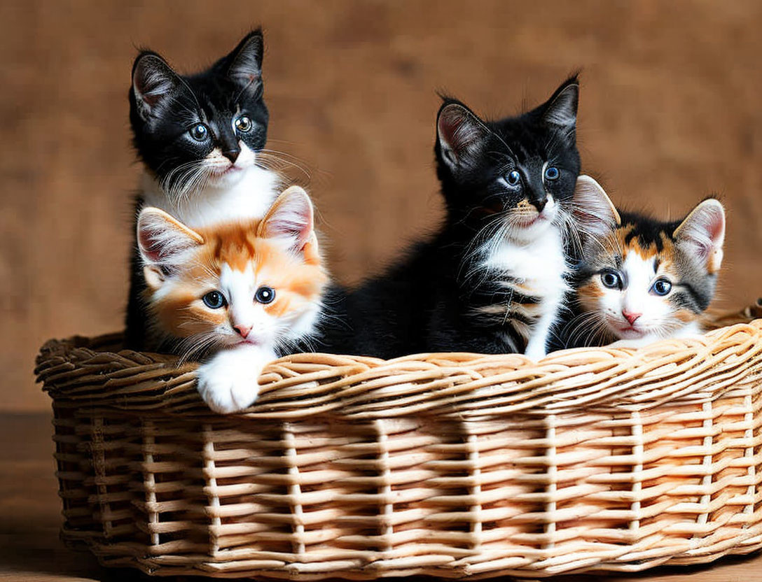 Four Kittens in Wicker Basket on Wooden Background