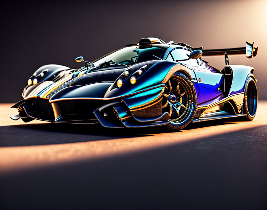 Sleek Blue Sports Cars with Gold Accents in Dramatic Lighting
