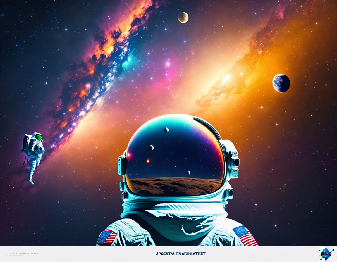 Reflective helmet astronaut with cosmic galaxy backdrop.