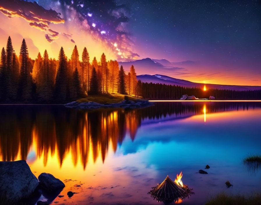 Scenic sunset over lake with campfire, starry sky, pine trees, and mountains