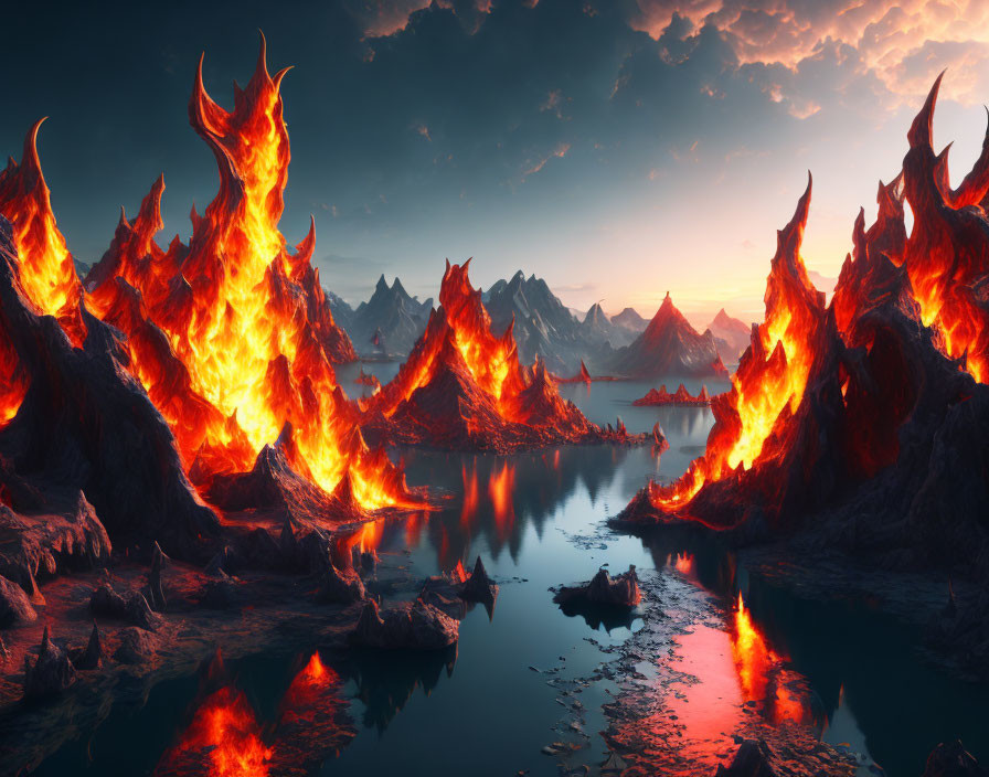 Dramatic fantasy landscape: flaming mountains, serene water, dusk sky