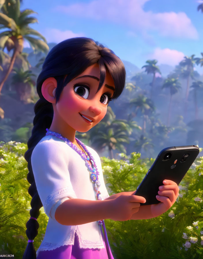 Young girl with braid smiling at smartphone in lush tropical setting