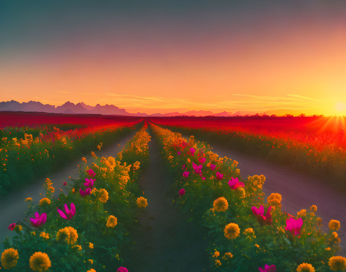 Scenic sunset over colorful flower field and distant mountains