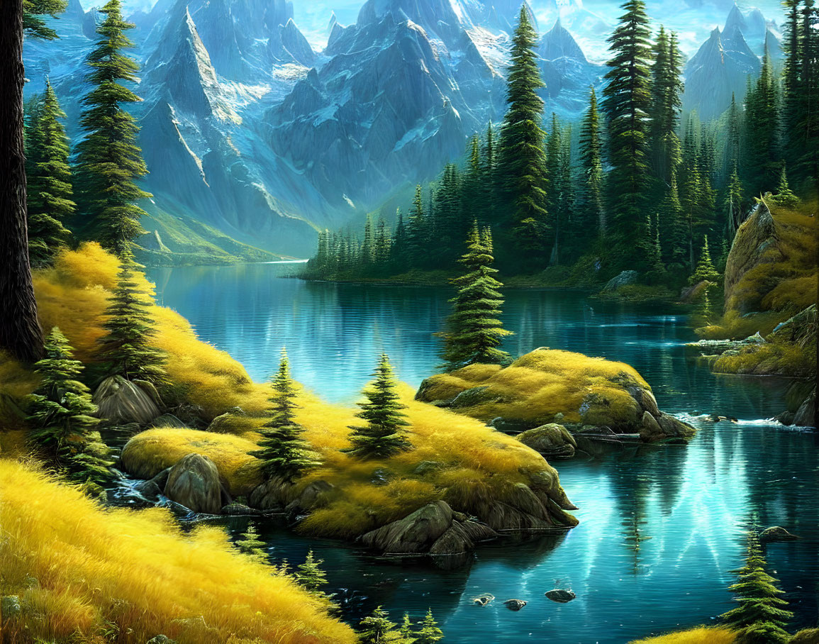 Serene mountain landscape with blue lake, greenery, coniferous trees, golden shrubs