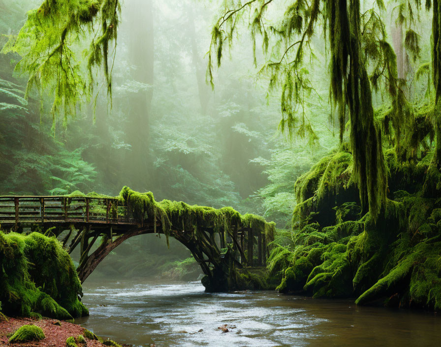 Tranquil Stream in Ethereal Foggy Forest with Moss-Covered Wooden Bridge