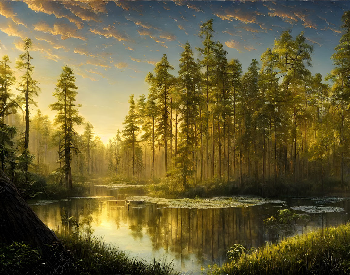 Tranquil forest scene at sunrise with serene waterway and towering trees