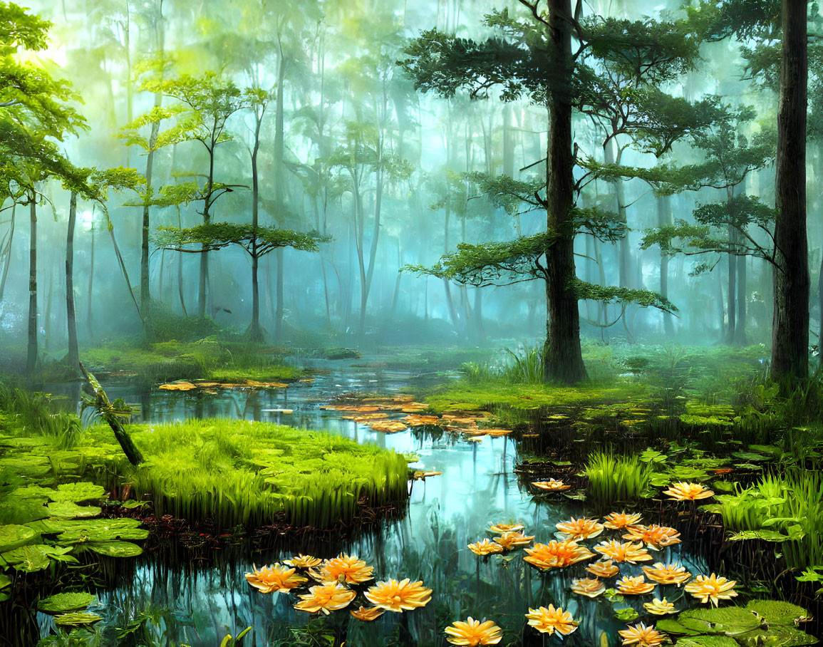 Tranquil forest landscape with sunlight, mist, pond, and water lilies