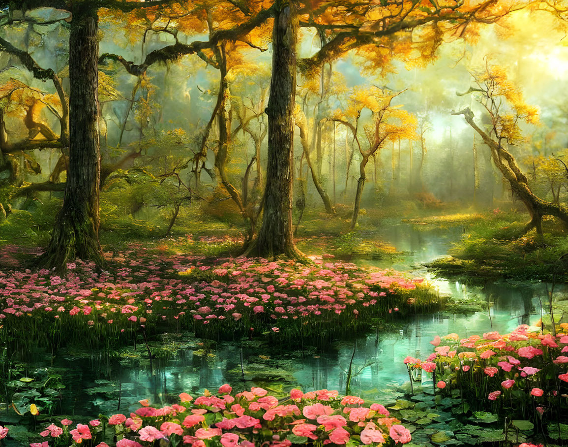 Tranquil forest landscape with sunlight, stream, and pink flowers