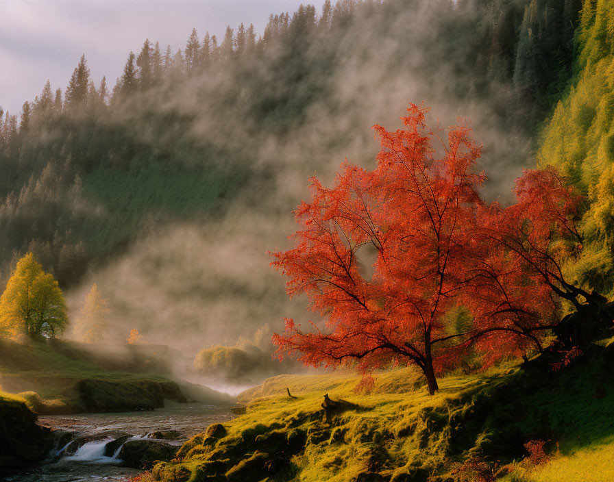 Vibrant red tree in misty forest with stream under warm sunlight