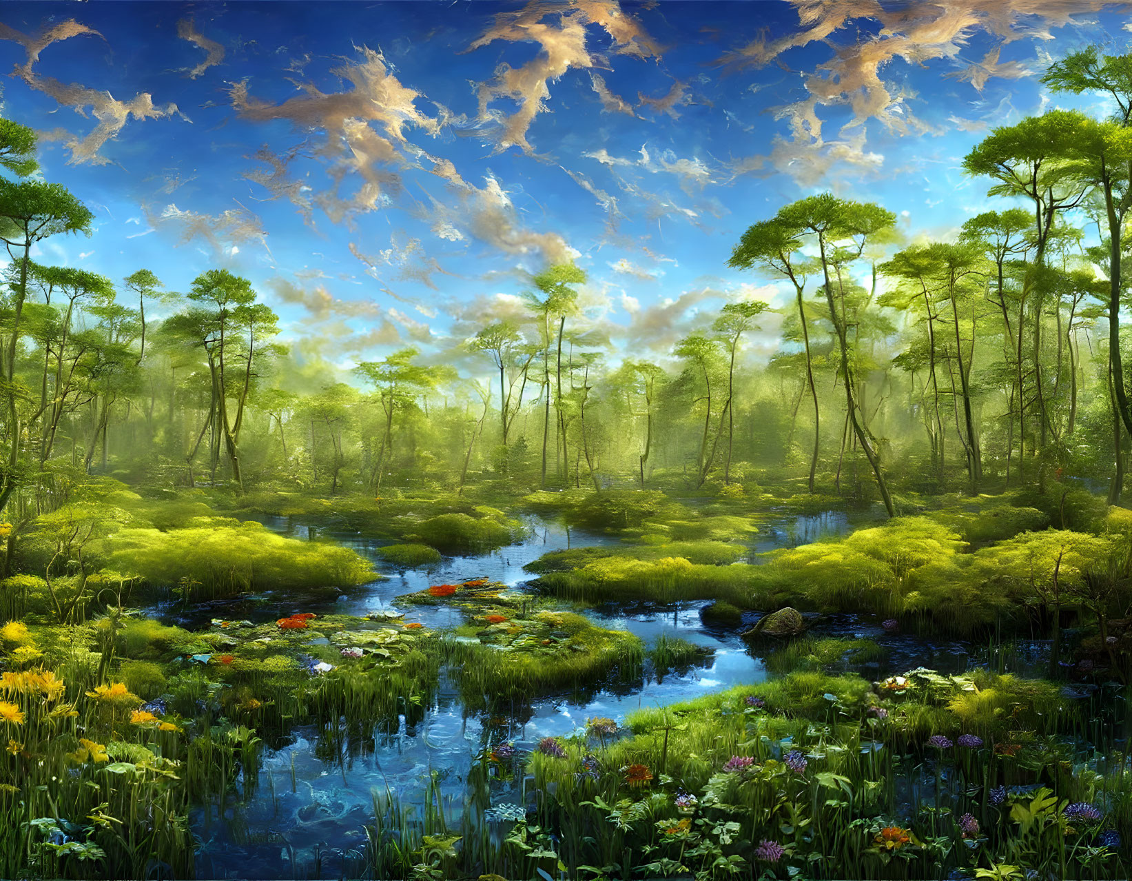 Tranquil forest scene with towering trees, serene waterway, wildflowers, and picturesque sky
