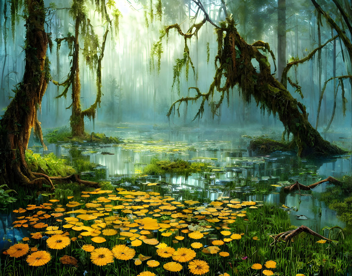 Lush forest with sunlight, green trees, pond with water lilies, and hanging moss