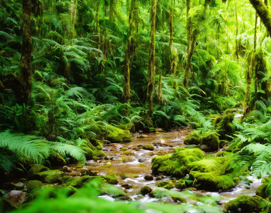Serene forest scene with moss-covered rocks, stream, ferns, and sunlight