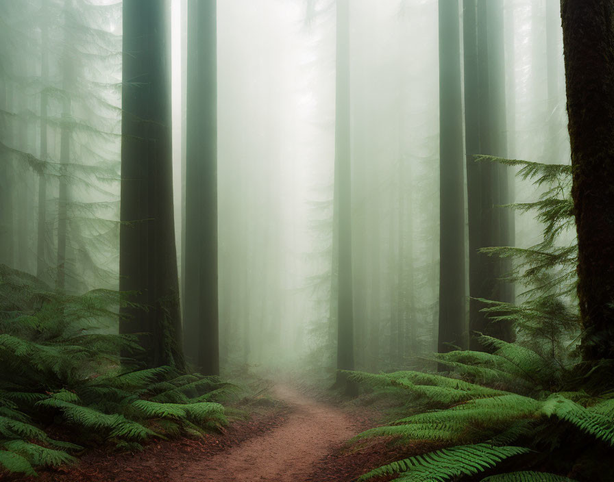 Tranquil forest pathway with misty fog and tall trees