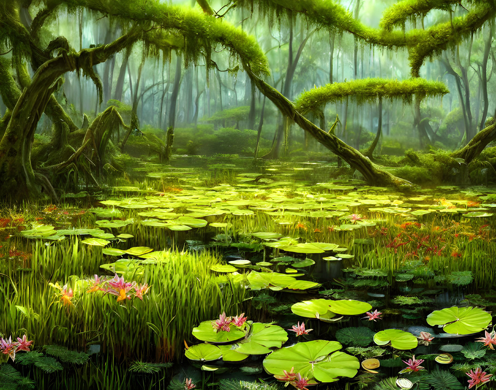 Tranquil swamp scene with lily pads, lotus flowers, moss-covered trees.