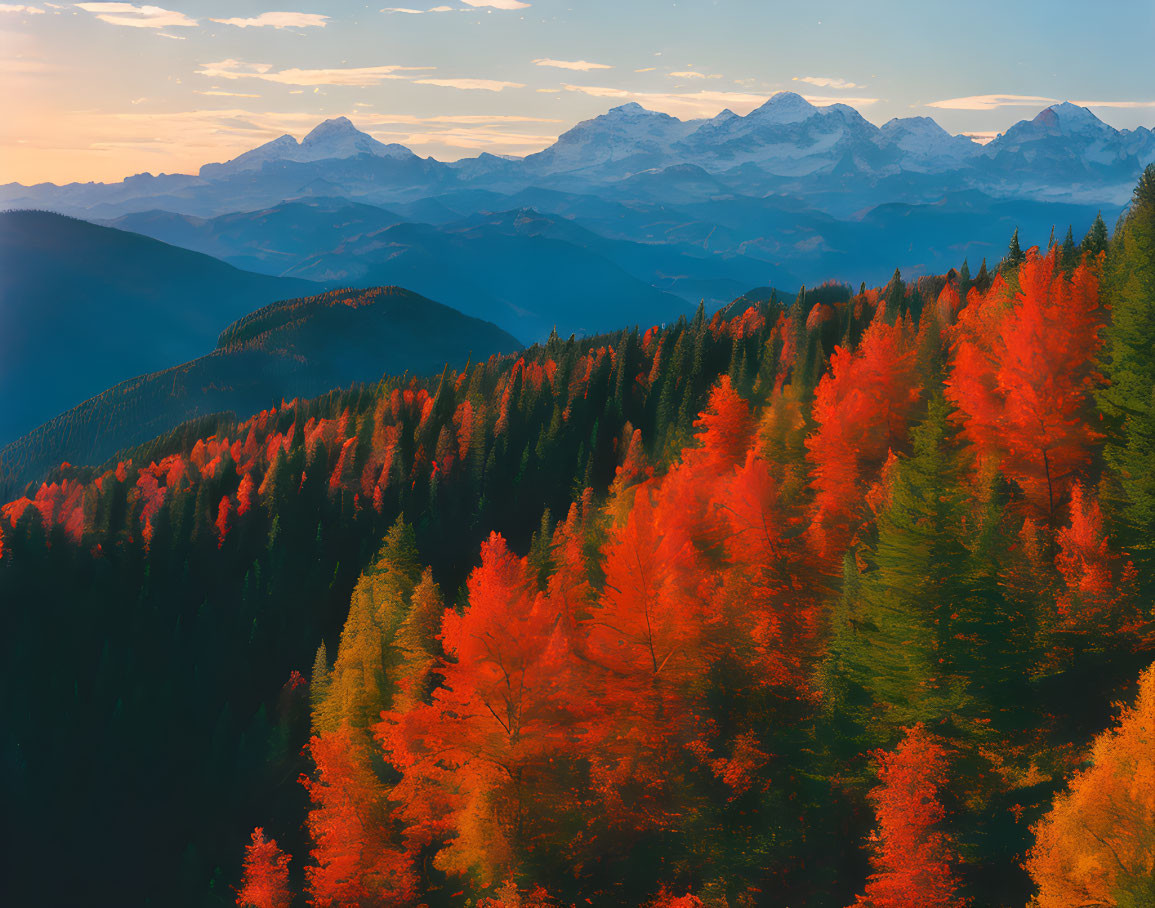 Fiery red and orange autumn forest with snow-capped mountains and sunset sky