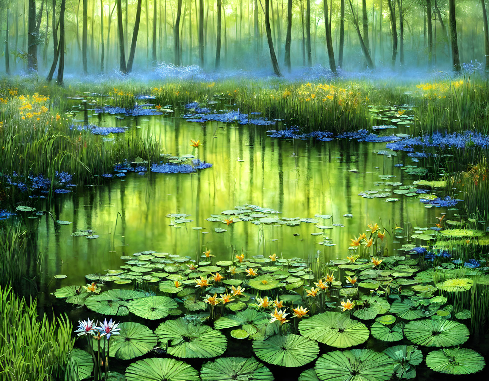 Tranquil forest pond with lily pads and blossoming flowers