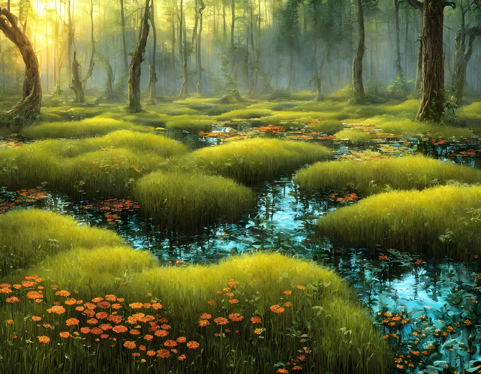 Sunlit Forest Swamp with Green Hummocks & Orange Flowers