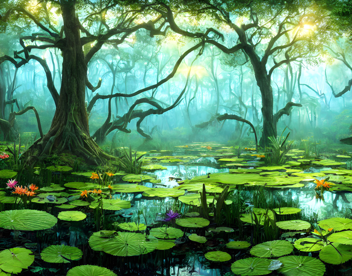 Ethereal forest scene with large trees, serene pond, and water lilies
