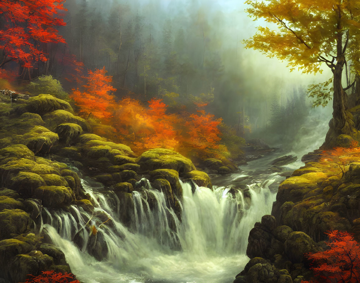 Misty waterfall in autumn forest with red and orange foliage