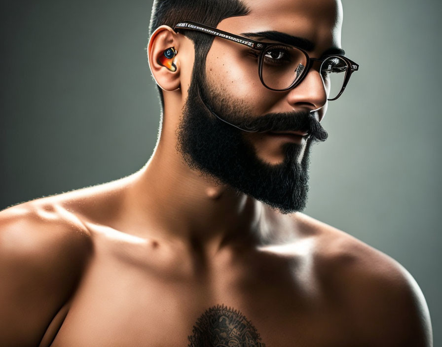 Bearded man with glasses and tattooed chest in earpiece