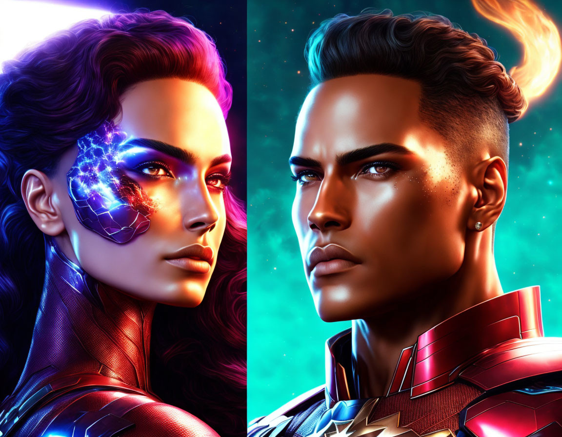Male and female figures in futuristic armor with cybernetic enhancements on neon backdrop