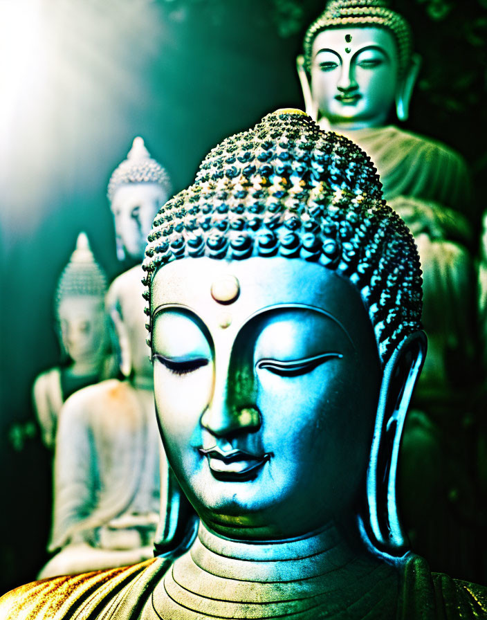 Serene Buddha statue with intricate details and soft backlight