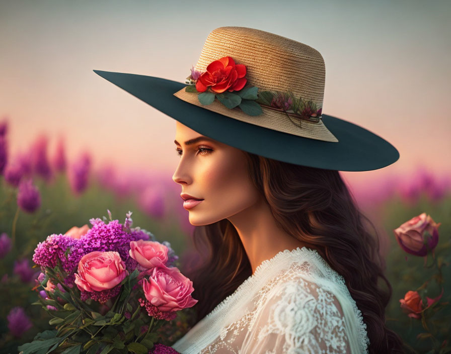 woman in a hat with flowers