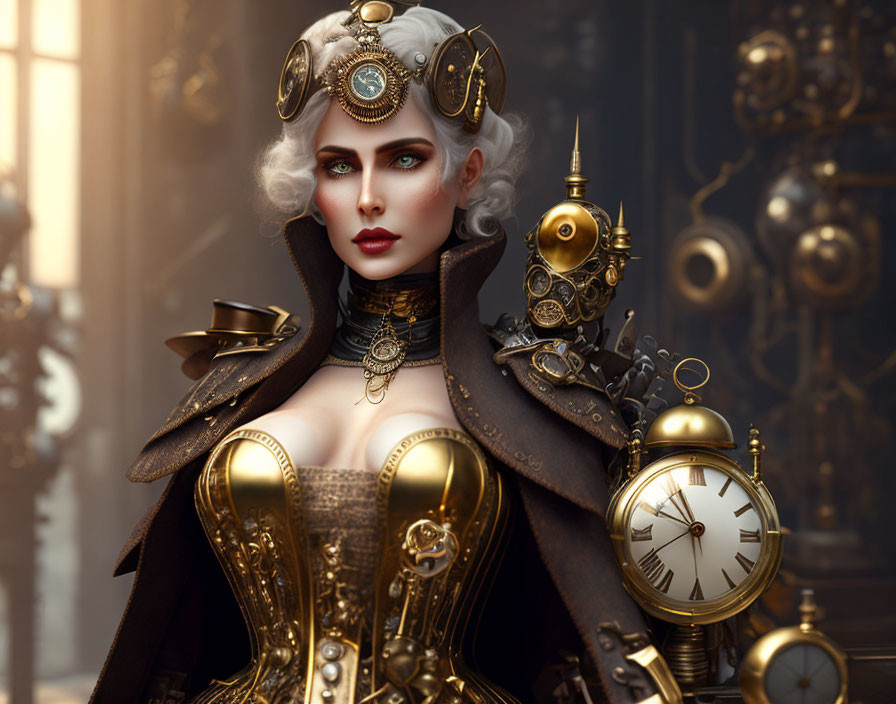 pale woman Qsteampunk with brass clock