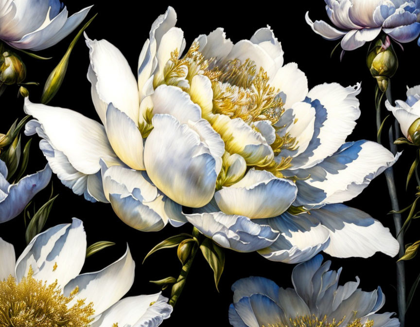 Detailed Painting of White Peonies with Yellow Centers on Dark Background