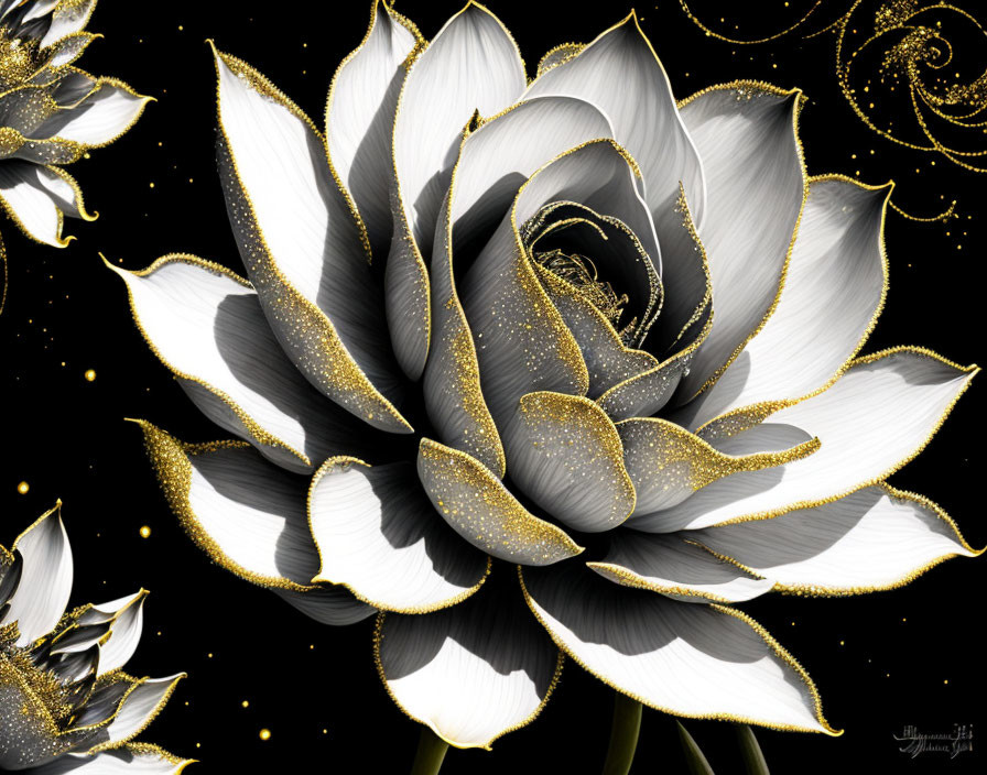 black and white flowers with gold and silver splas