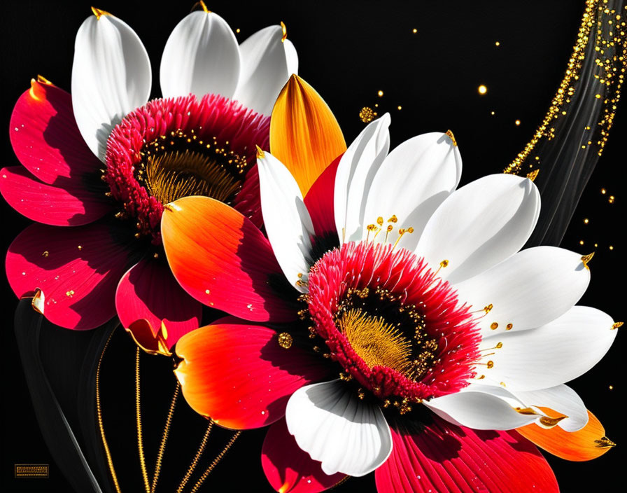 black and white flowers art with gold and red spla
