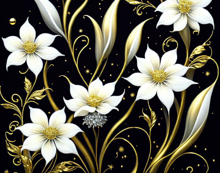 black and white flowers, art, fantasy with gold an