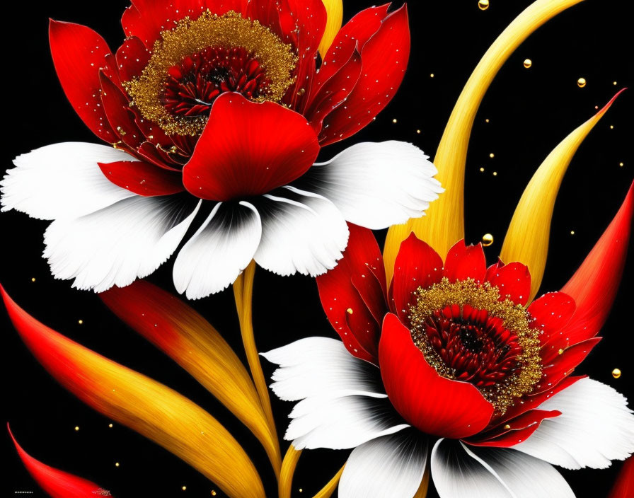 Art black and white flowers art with gold and red 
