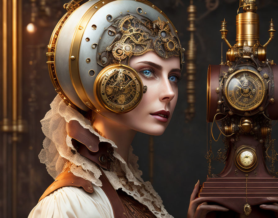 pale woman Qsteampunk with brass cloc