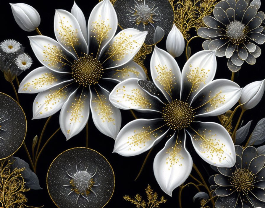 black and white flowers with gold and silver sprin