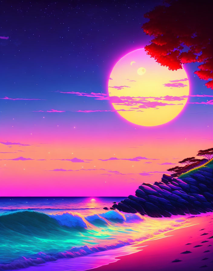 Surreal beachscape digital artwork: pink moon, starry sky, neon waves