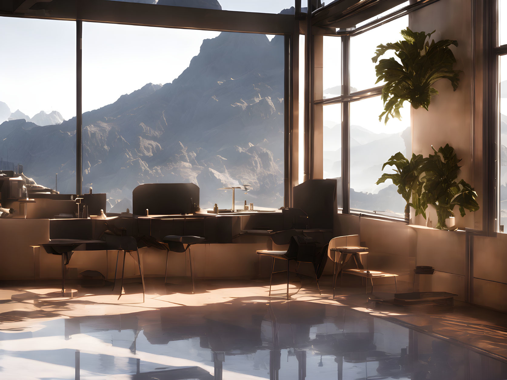 Modern office space with mountain view and golden sunlight.