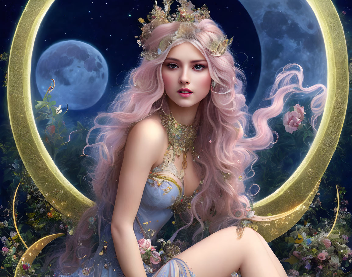 Fantasy-style illustration of woman with pink hair on crescent moon.