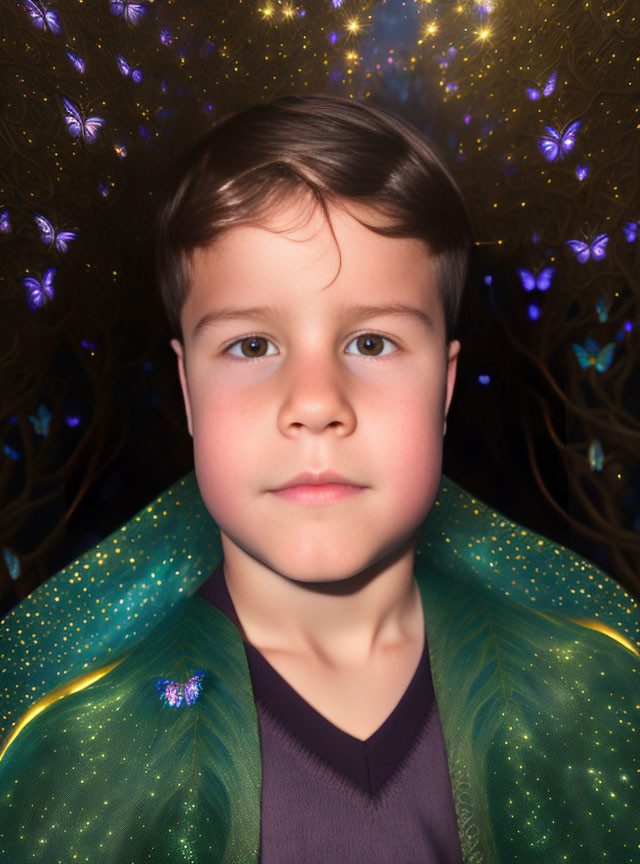 Serene young child portrait with glowing trees and butterflies