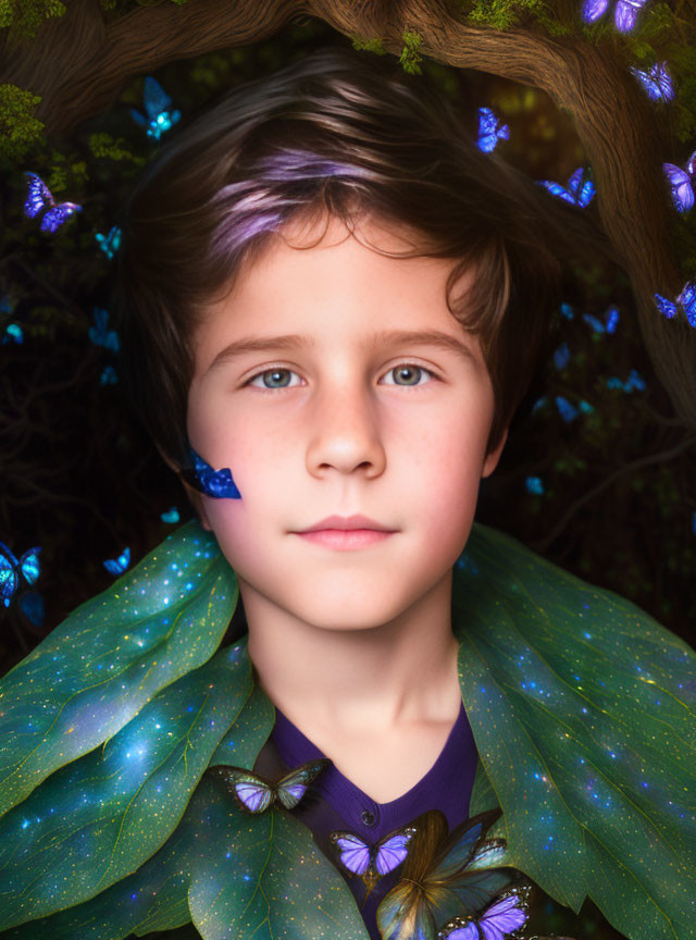 Child with butterfly wing cape amidst greenery and blue butterflies