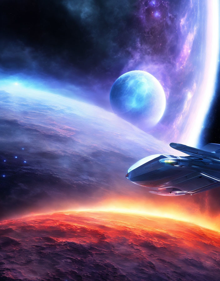 Spaceship near molten planet with purple nebula & distant celestial body