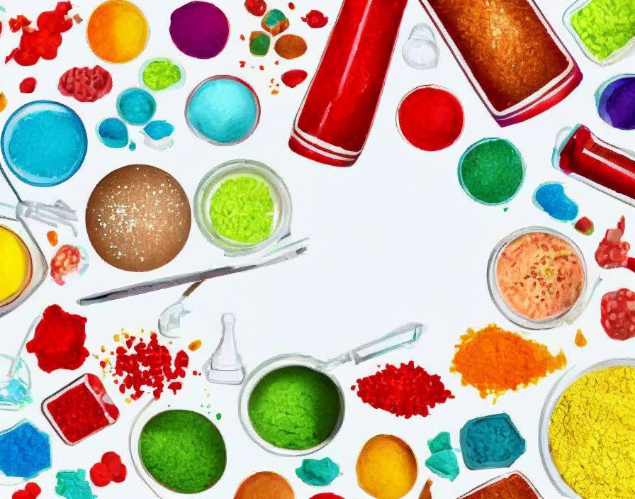 Vibrant pigments and paint tools on white background