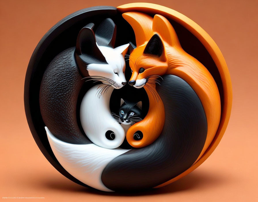 Stylized black, white, and orange fox with white and black cat in yin-yang